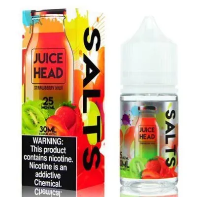 Juice Head Strawberry Kiwi E-Juice bottle and box with colorful fruit graphics.