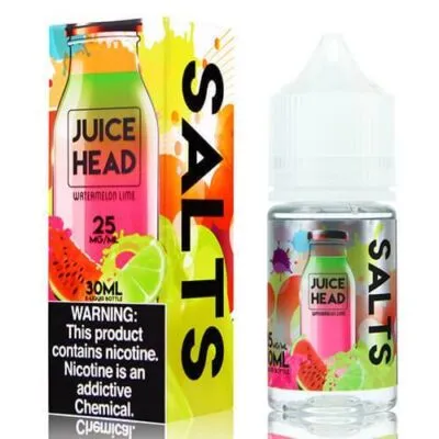 Juice Head Watermelon Lime e-juice bottle and packaging with vibrant fruit illustrations.