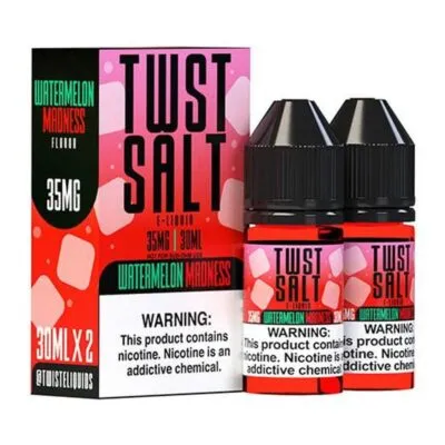 Two bottles of Twist Salt Watermelon Madness e-liquid with packaging, displaying nicotine warning labels.