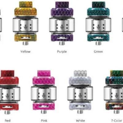 Vape tanks displayed in multiple colors: black, yellow, purple, green, blue, red, pink, white, and seven-color.