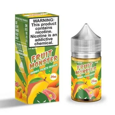 Fruit Monster e-juice packaging with mango, peach, and guava design, 24mg nicotine warning on box.
