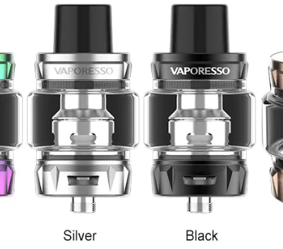 Vaporesso SKRRS tanks in four colors: 7-Color, Silver, Black, and Bronze, displayed side by side.