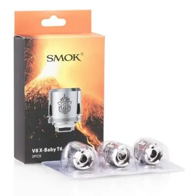 Smok V8 X-Baby T6 Coil pack with three individual coils displayed in front.