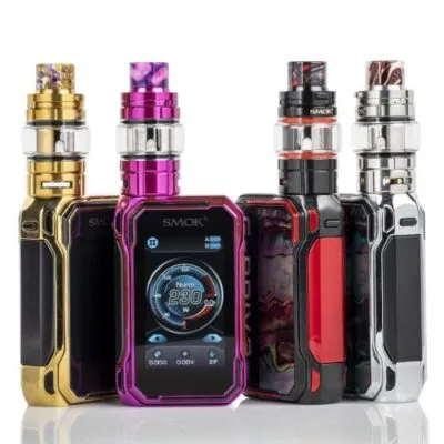 SMOK G-PRIV 3 230W kits in various colors, featuring touchscreen displays and decorative tank designs.