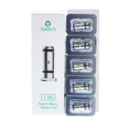Suorin Reno Mesh Coil 1.0Ω packaging with five coils displayed in blister pack.