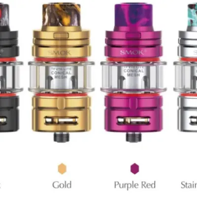 SMOK TFV16 Lite tanks in Black, Gold, Purple Red, and Stainless Steel colors with conical mesh coils.