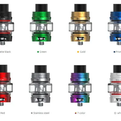 Eight SMOK TFV8 tanks in various colors: black, green, gold, blue, red, steel, multicolor, and white.