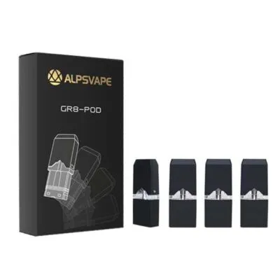 ALPSVAPE GR8-POD packaging with four black pods aligned alongside the box.