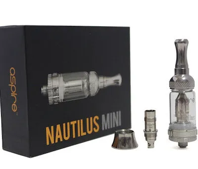 Aspire Nautilus Mini vape tank with packaging, mouthpiece, and coil on display.