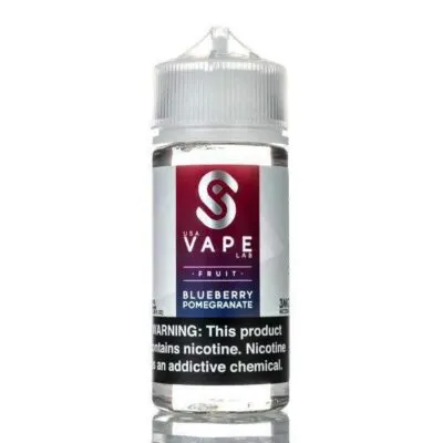 USA Vape Lab e-liquid bottle, Blueberry Pomegranate flavor, with nicotine warning label.