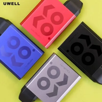 Four Uwell Caliburn Koko devices in red, blue, black, and silver on a yellow background.