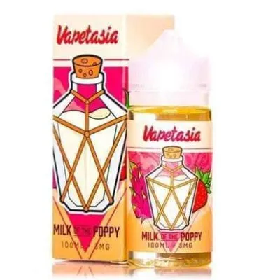 Vapetasia Milk of the Poppy e-juice bottle and packaging with strawberry dragon fruit design.