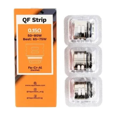 Vaporesso QF Strip 0.15Ω coil pack with three coils beside a branded box.