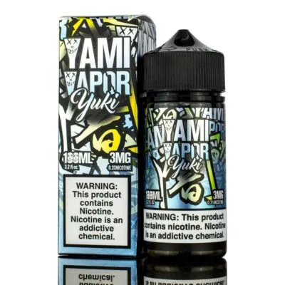 Yami Vapor Yuki 100ml vape juice bottle and box with colorful graffiti-style design and nicotine warning label.