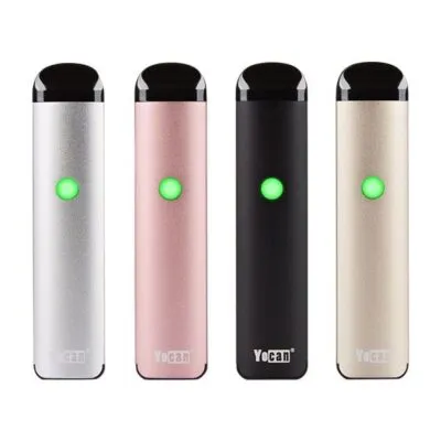 Four Yocan Evolve 2 vaporizers in silver, pink, black, and gold with glowing green buttons.
