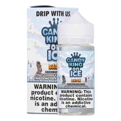 Candy King on Ice Batch e-liquid bottle and box with nicotine warning label.