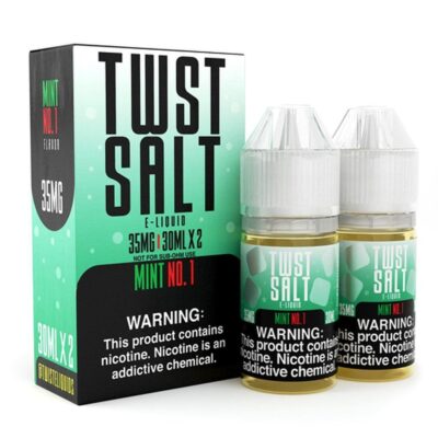 Two bottles of Twist Salt Mint No. 1 e-liquid (35mg) with packaging and nicotine warning label.