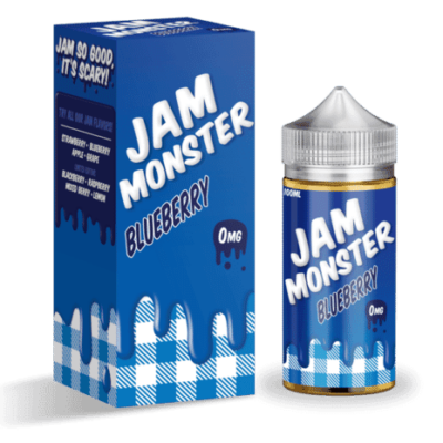 Jam Monster Blueberry e-liquid with bottle and packaging, featuring bold blue and white design, 0mg nicotine.