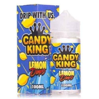 Candy King Lemon Drops e-liquid bottle and packaging, featuring lemon graphics, 100ml label visible.