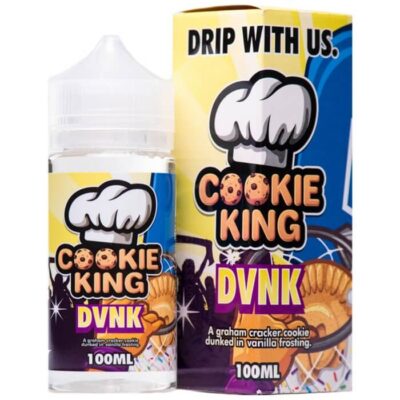 Cookie King DVNK e-liquid bottle and box, featuring a cookie design and labeled as graham cracker with vanilla frosting, 100ml.