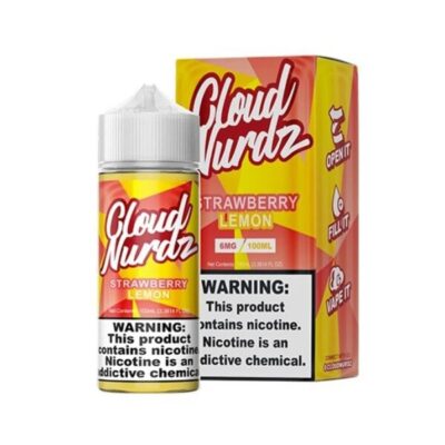 Cloud Nurdz Strawberry Lemon vape juice bottle and box featuring red and yellow design with nicotine warning label.