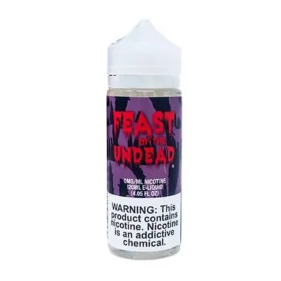 E-liquid bottle labeled "Feast of the Undead" with a nicotine warning at the bottom.
