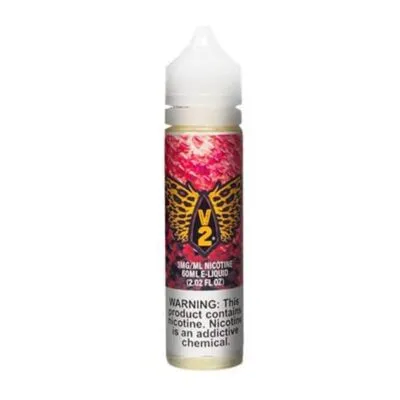 E-liquid bottle labeled "V2" with warning about nicotine, 60ml size.