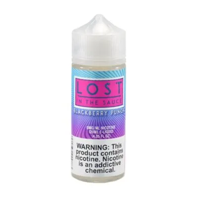 120ml bottle of Lost in the Sauce, Blackberry Punch e-liquid with a nicotine warning label.