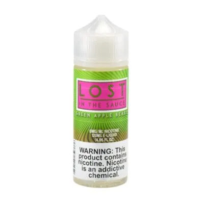 Lost in the Sauce Green Apple Berry e-liquid, 120ml bottle with nicotine warning label.