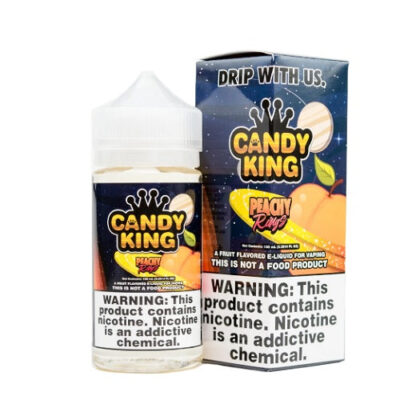 Candy King Peachy Rings e-liquid bottle and box with nicotine warning.
