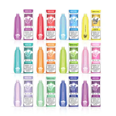 Various Puff Air Mesh vape pens in multiple colors and flavors, displayed in rows.