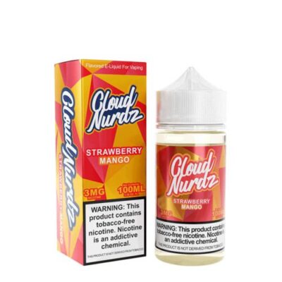 Cloud Nurdz Strawberry Mango vape juice bottle and box, 100ml, 3mg nicotine warning labels visible.