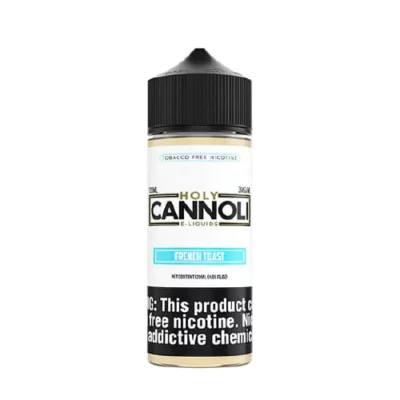 Holy Cannoli French Toast e-liquid bottle with warning label on white background.