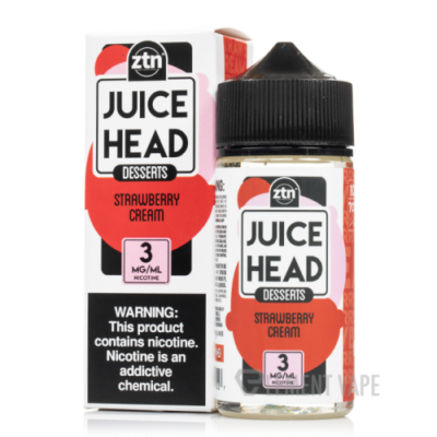 Juice Head Strawberry Cream vape juice bottle and box, 3 mg/mL nicotine warning label visible.