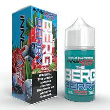 Vape juice bottle and box labeled "Berg Berry" with warning about nicotine content.