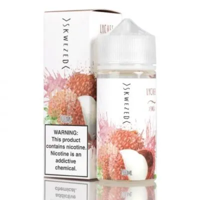 "Skwezed Lychee 100ml e-liquid bottle with warning label, next to its packaging."