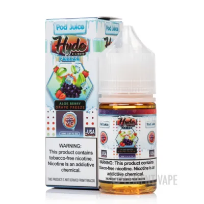 Pod Juice Hyde Salts Aloe Berry Grape Freeze e-liquid bottle and packaging, 55mg nicotine warning label visible.