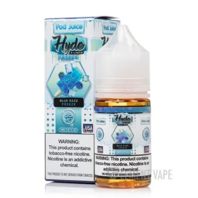 Pod Juice Hyde Blue Razz Freeze e-liquid bottle and packaging, highlighting nicotine content warning.