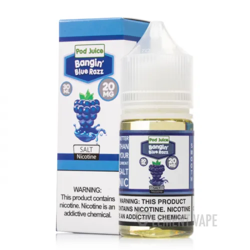 Pod Juice Bangin' Blue Razz vape juice box and bottle, 20mg salt nicotine, warning label visible.