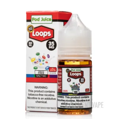 Pod Juice Loops e-liquid bottle and packaging, 35mg nicotine, tobacco-free salt nic warning visible.