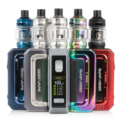 GeekVape M100 starter kits in various colors, showing tanks and digital display screens.