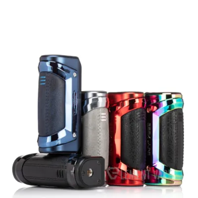 Four Geek Vape S100 Aegis Solo 2 mods in blue, silver, red, and rainbow colors.