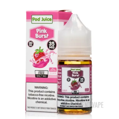 Pod Juice Pink Burst 30ml bottle and box displaying strawberry candy graphics and nicotine warning.