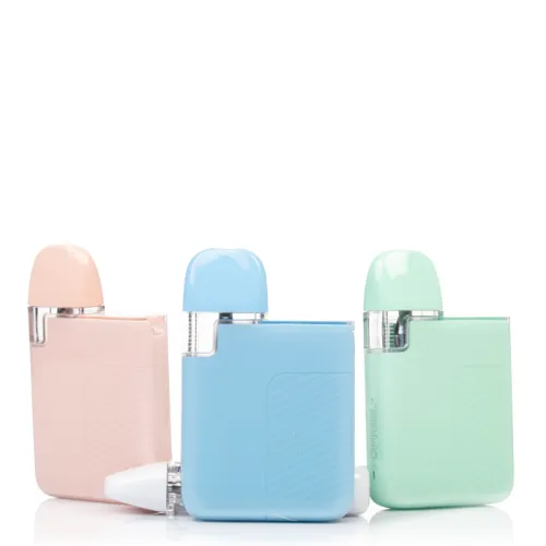 Three Uwell Popreel PK1 pod systems in pastel pink, blue, and green.