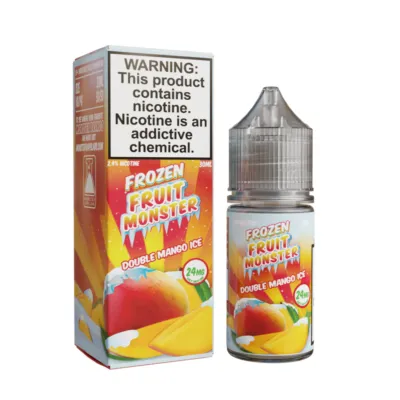 E-liquid bottle and box labeled "Frozen Fruit Monster Double Mango Ice," with nicotine warning prominently displayed.