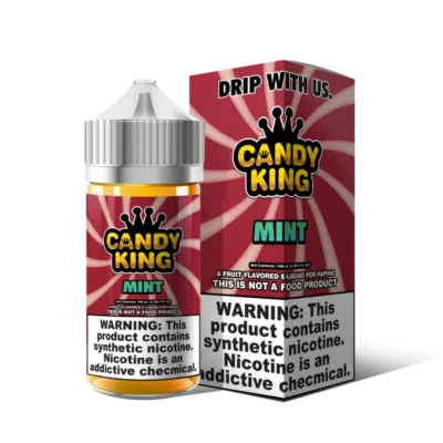 Candy King Mint vape juice bottle and packaging with nicotine warning label.