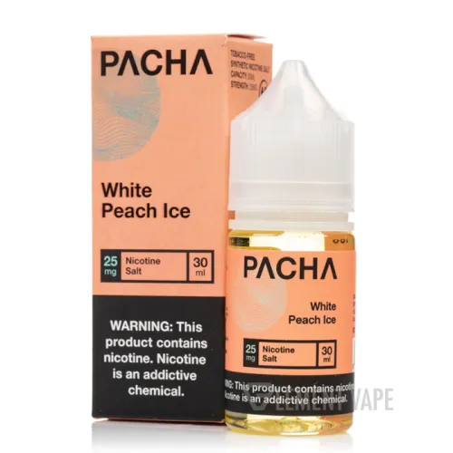 Pacha White Peach Ice 30ml box and bottle with nicotine warning label.