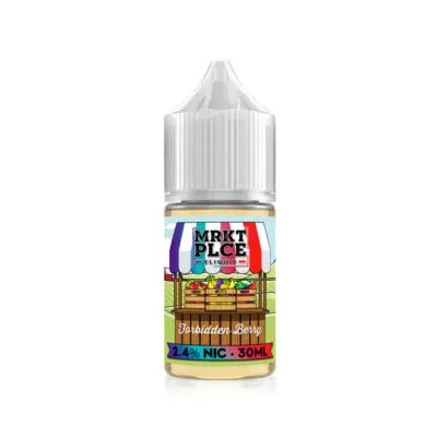 MRKT PLCE Forbidden Berry Salt e-liquid bottle, 2.4% nic, 30ml, colorful label with fruit stand illustration.
