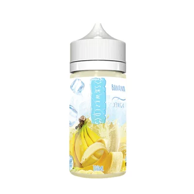 Skwezed Banana Ice vape juice bottle with banana and ice cube graphics, 100ml capacity.