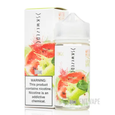 Skwezed Watermelon Green Apple e-liquid bottle next to packaging, labeled with nicotine warning.